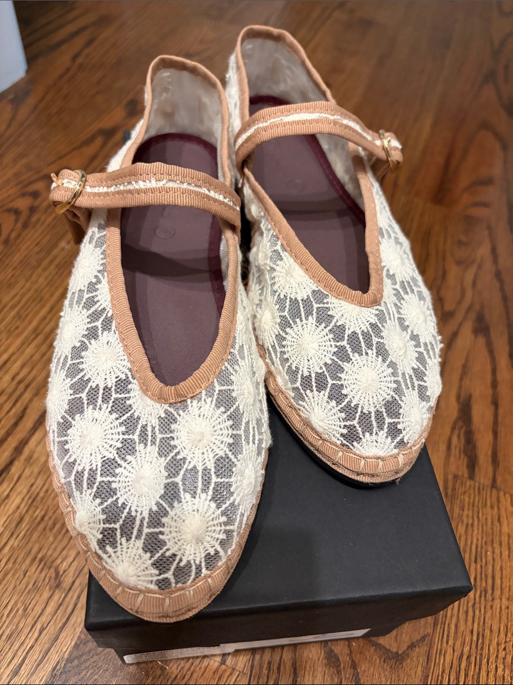 Cream Lace Mary Jane Flats with Tan Trim